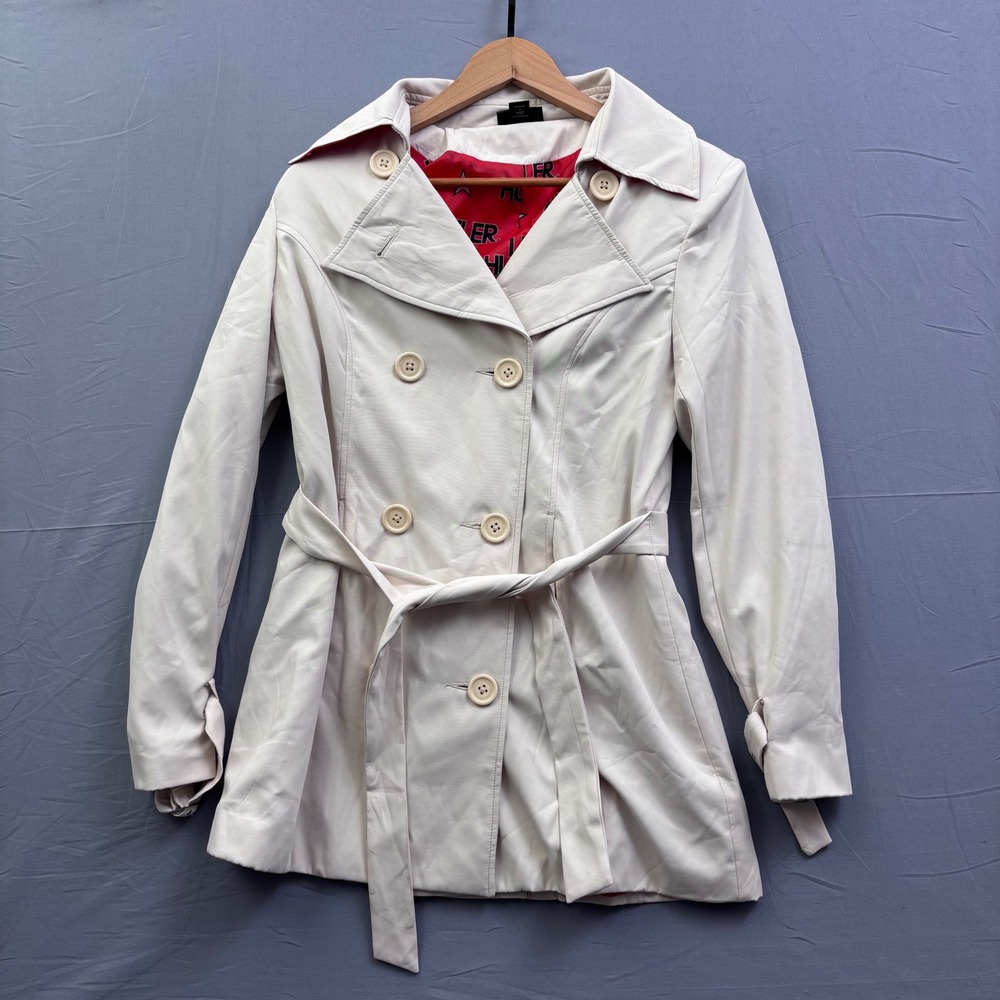 Hustler Womens Cream Trench Coat Red Logo Lining Double Breasted Belted Size M/L